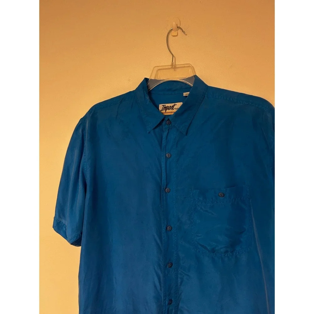 Impact Mens Vintage 100% Washable Silk Short Sleeve Button Down Shirt Blue L